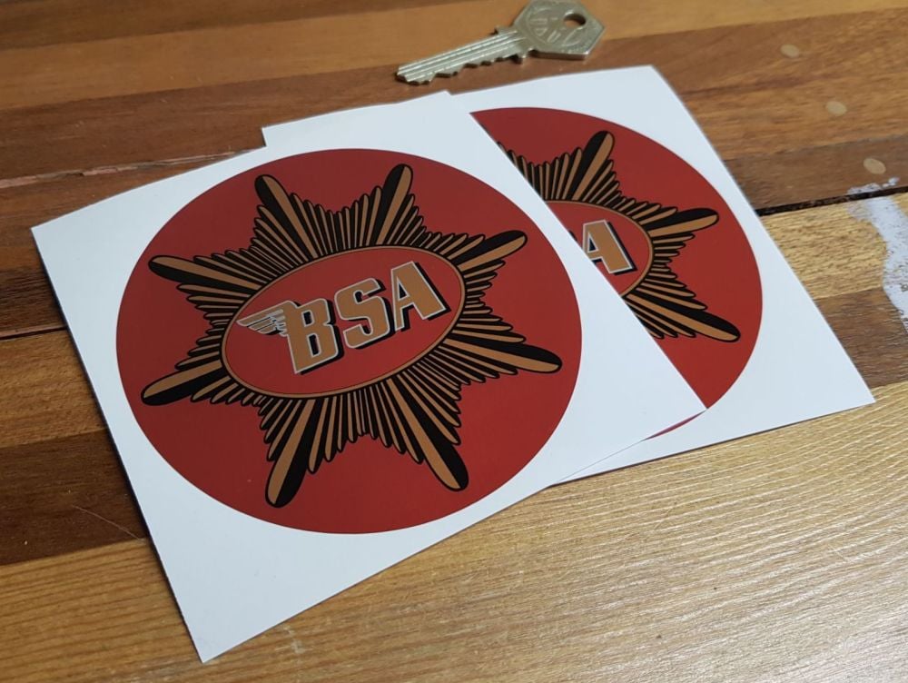 BSA Plain Gold Star Red Circular Stickers. 4" Pair.