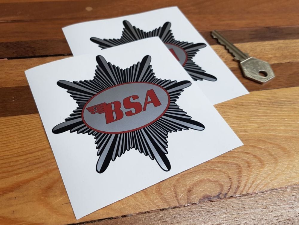 BSA Silver Star Starburst Shaped Stickers. 4" Pair.