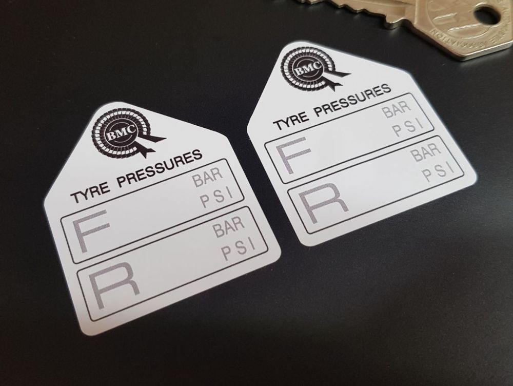 BMC British Motor Corporation Tyre Pressure Stickers. 1.75