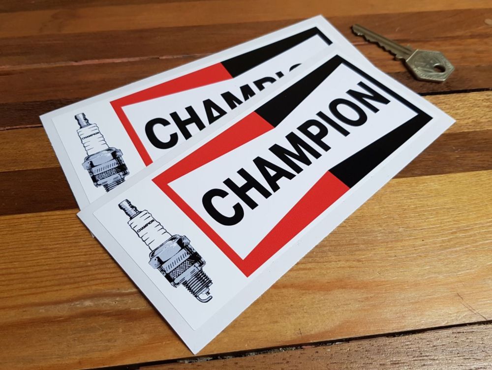 Champion & Spark Plug Oblong Stickers. 6.25", 8" or 11" Pair.