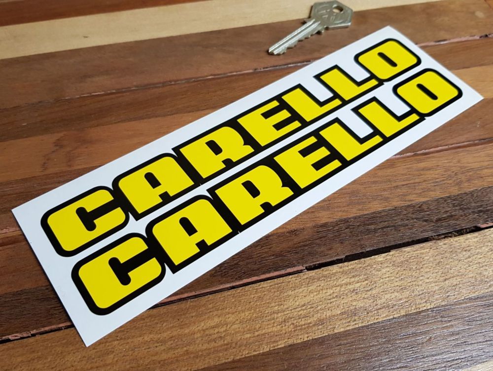 Carello Shaped Text Black Outline Stickers. 8.25" Pair.