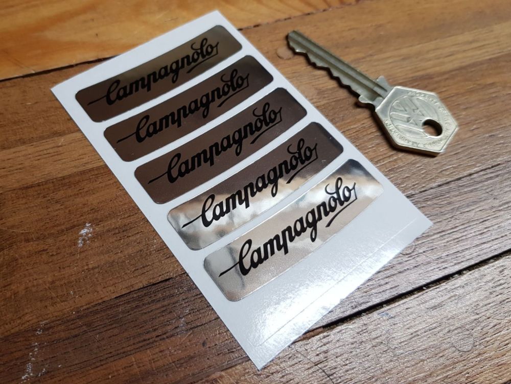 Campagnolo Script Wheel Stickers Set of 5. Black & Foil. 2.25".