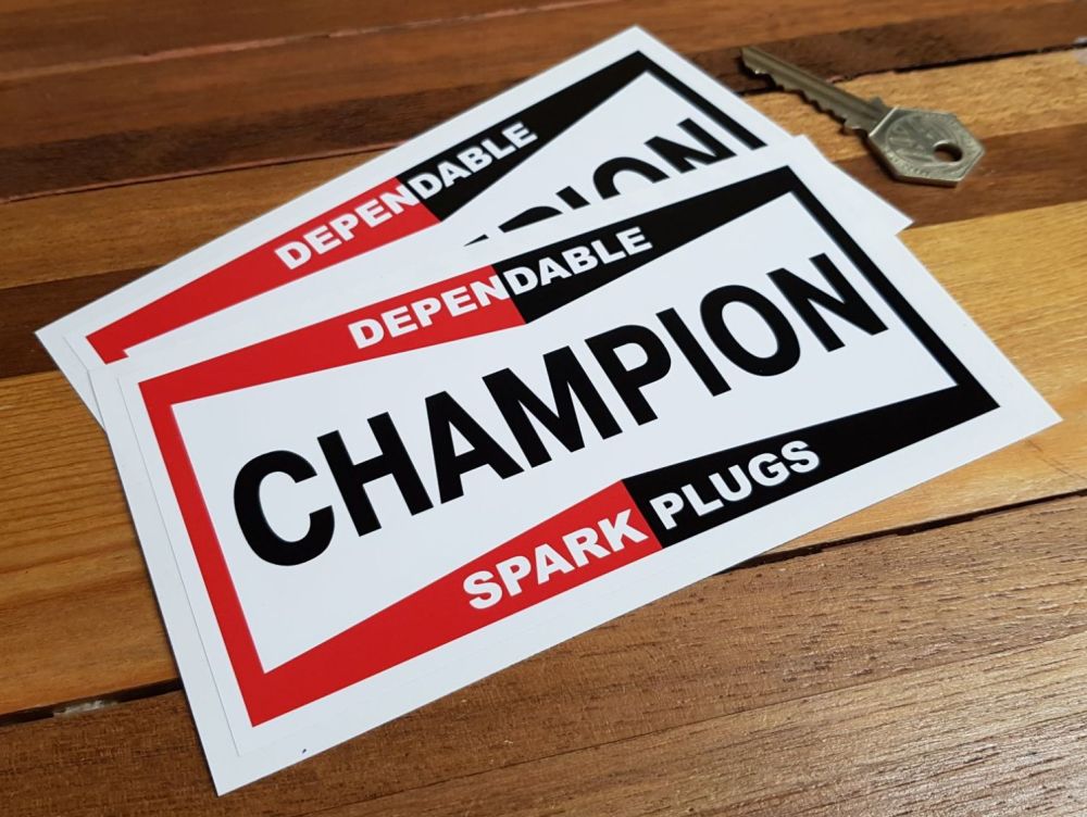 Champion Spark Plugs 'Dependable' Oblong Stickers. 4" or 6" Pair.