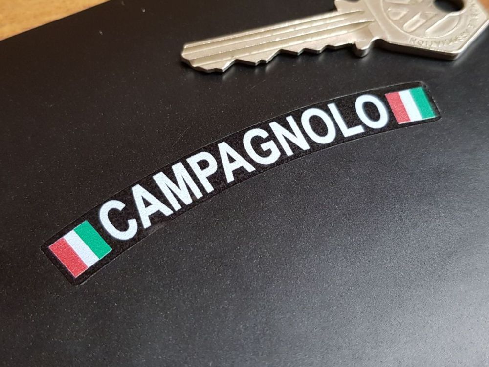 Campagnolo Curved White Text & Tricolore Style Stickers. Set of 4. 3".