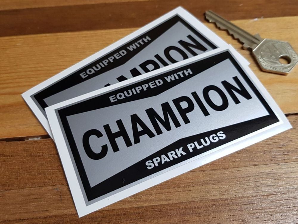 Champion Spark Plugs 'Equipped With' Black & Silver Oblong Stickers. 4" or 5" Pair.