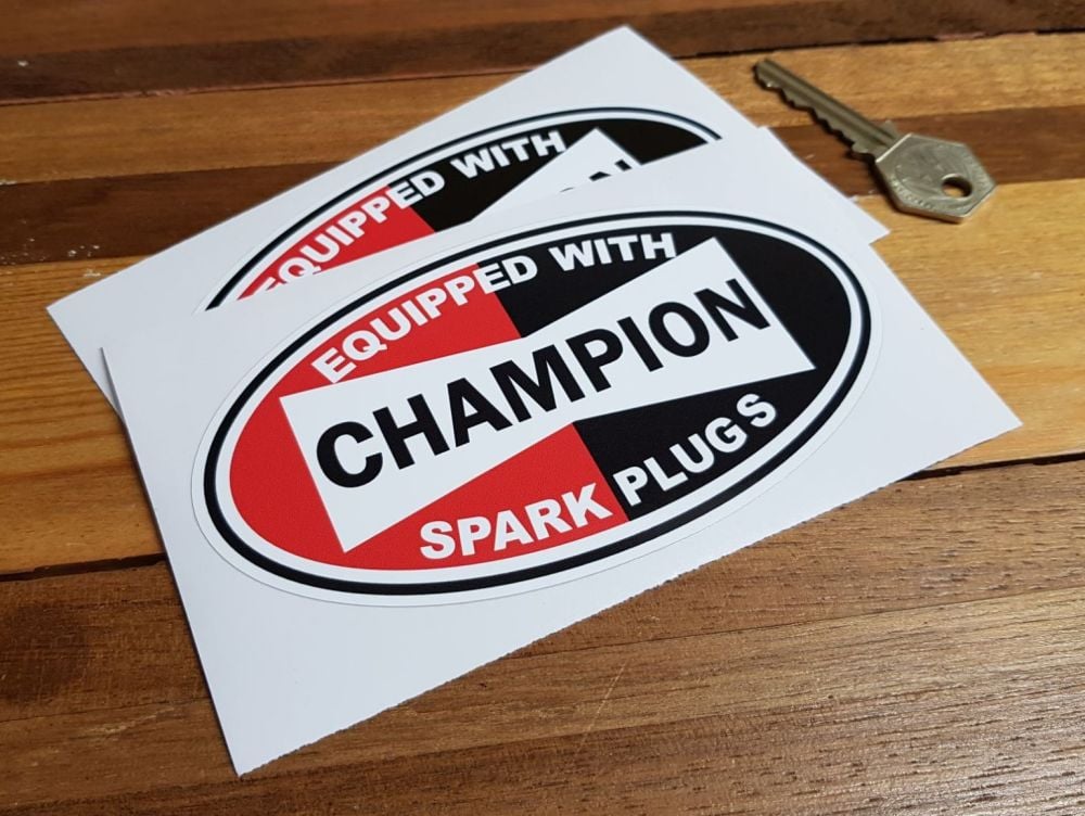 Champion Spark Plugs 'Equipped With' Oval Stickers. 3", 5.5" or 8" Pair.