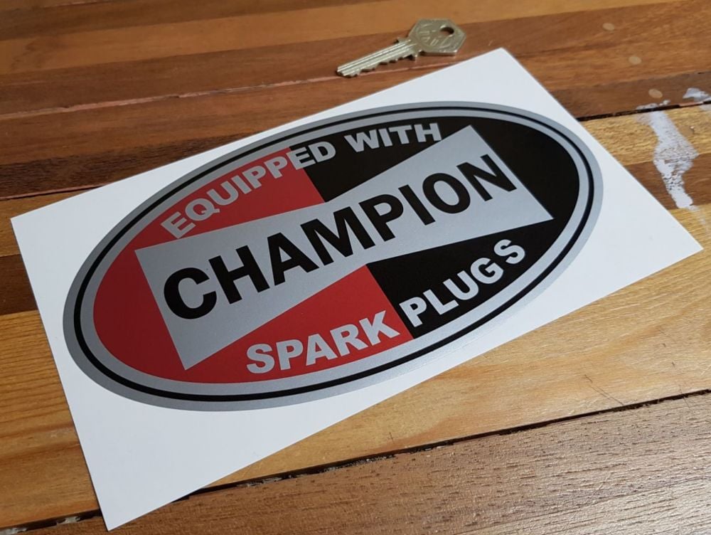 Champion Spark Plugs 'Equipped With' Silver Oval Sticker. 8".