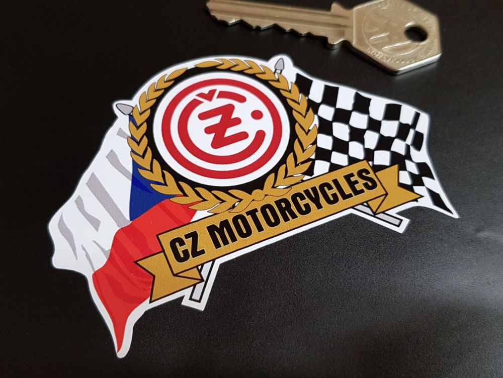 CZ Motorcycles Flag & Scroll Sticker 4"