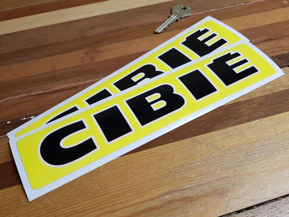 Cibie Black & Off White Text on Yellow Narrow Style Oblong Stickers. 10" Pair.