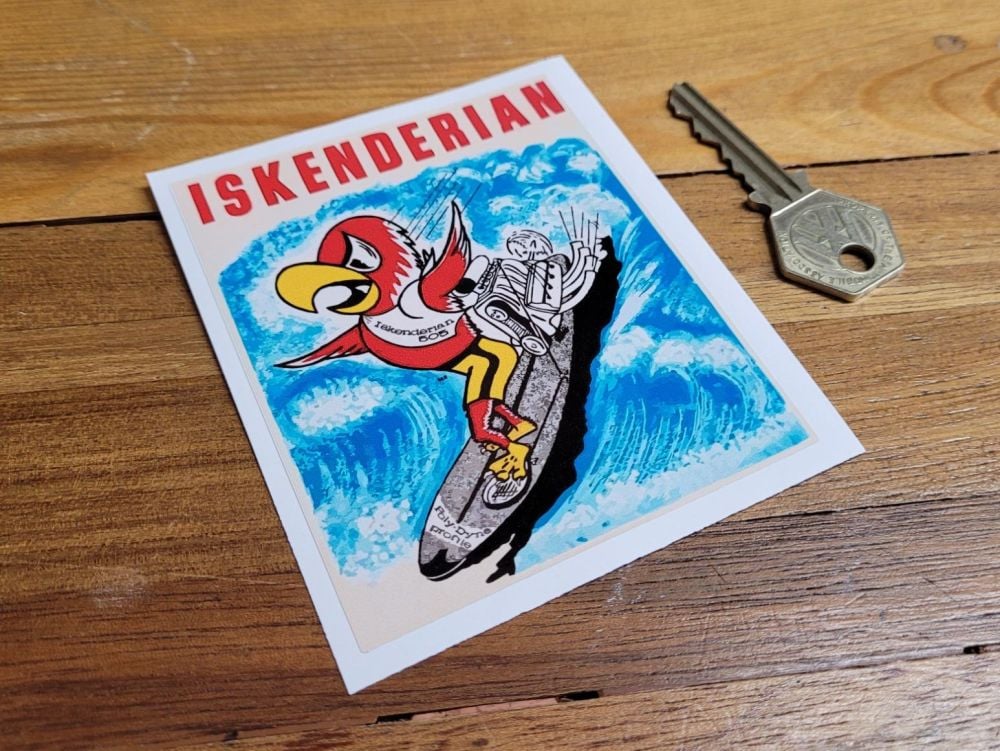 Iskenderian Surfing Parrot Sticker 4"