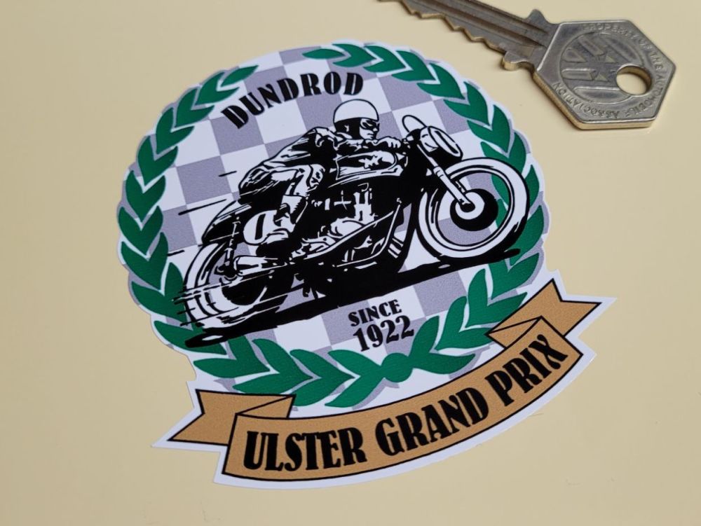 Ulster Grand Prix Dundrod Bike Garland & Scroll Sticker 3"