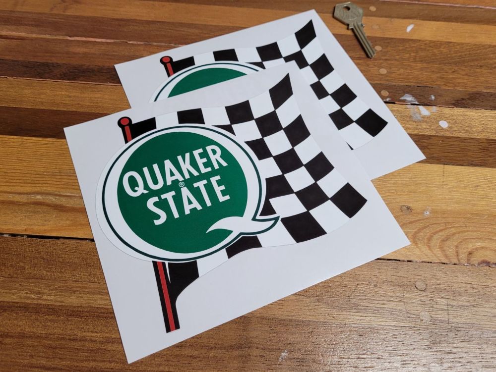 Quaker State Green Chequered Flag & Pole Stickers - 6.5" Pair