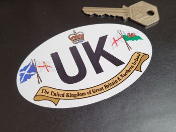 UK Travel ID Plate Flags & Crown Style Sticker - 4" or 6"