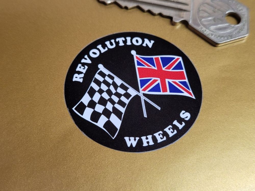 Revolution Wheels Crossed Flags Circular Stickers. 2