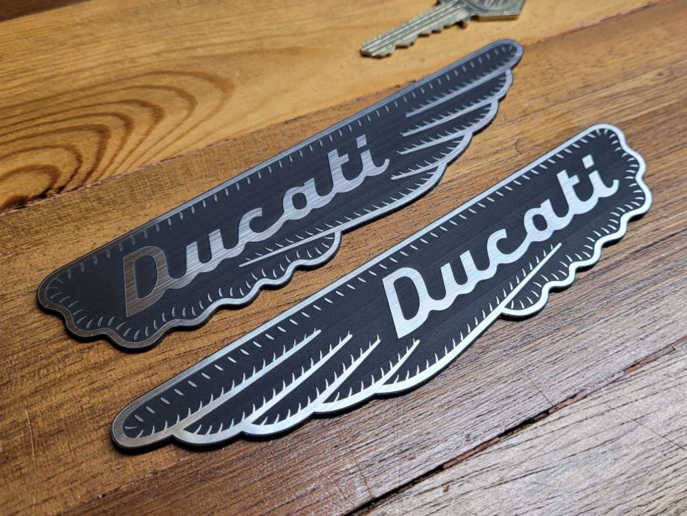 Ducati Wings Self Adhesive Motorcycle Badges - Silver on Black - 6" Pair