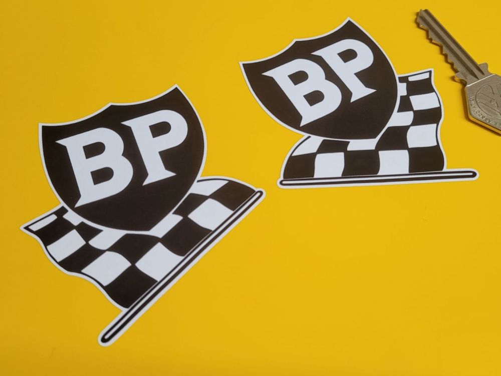 BP '58 - '89 Shield & Chequered Flag Black & White Stickers - 3" Pair