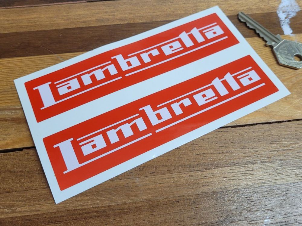 Lambretta White on Red Oblong Stickers - 6" Pair