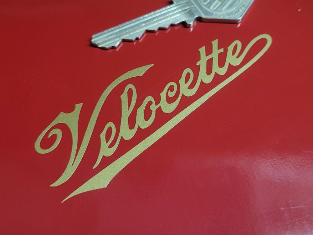 Velocette Cut Vinyl Scroll Text Gold Stickers - 3.5" or 5" Pair