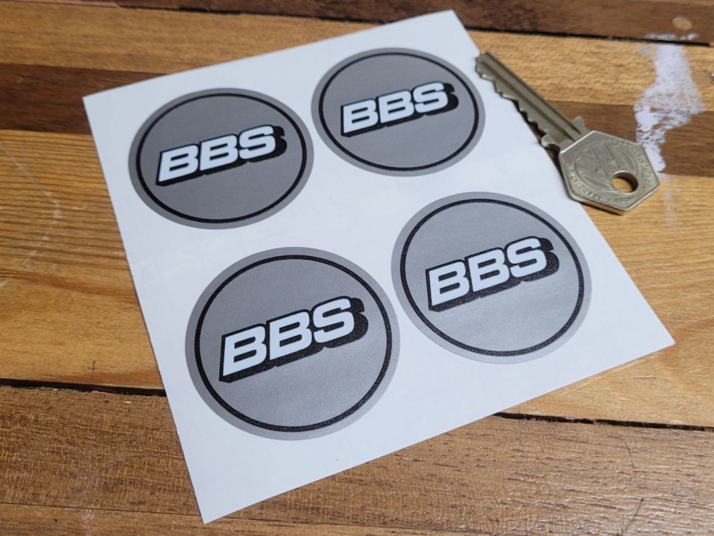 BBS Wheel Centre Stickers - White on Silver with Coachline - Set of 4 - 42mm or 48mm