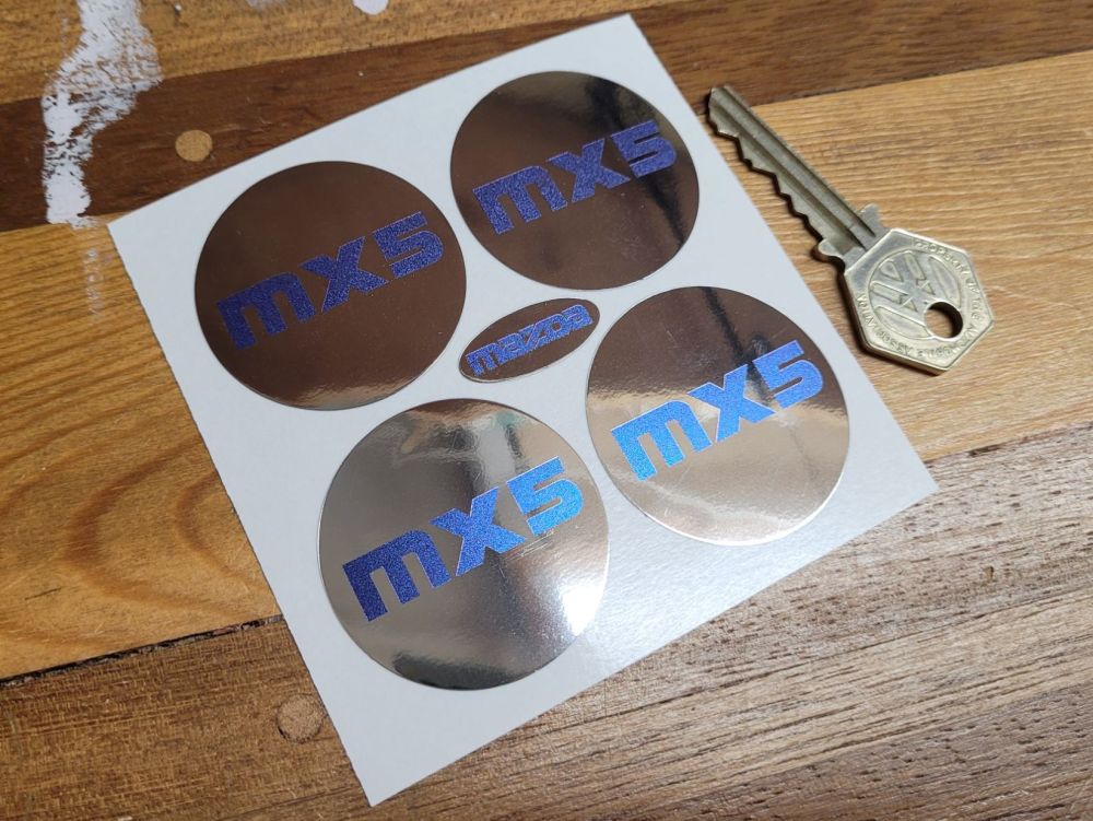 Mazda MX5 Blue & Mirrored Foil Wheel Centre Style Stickers - Set of 4 - 43mm