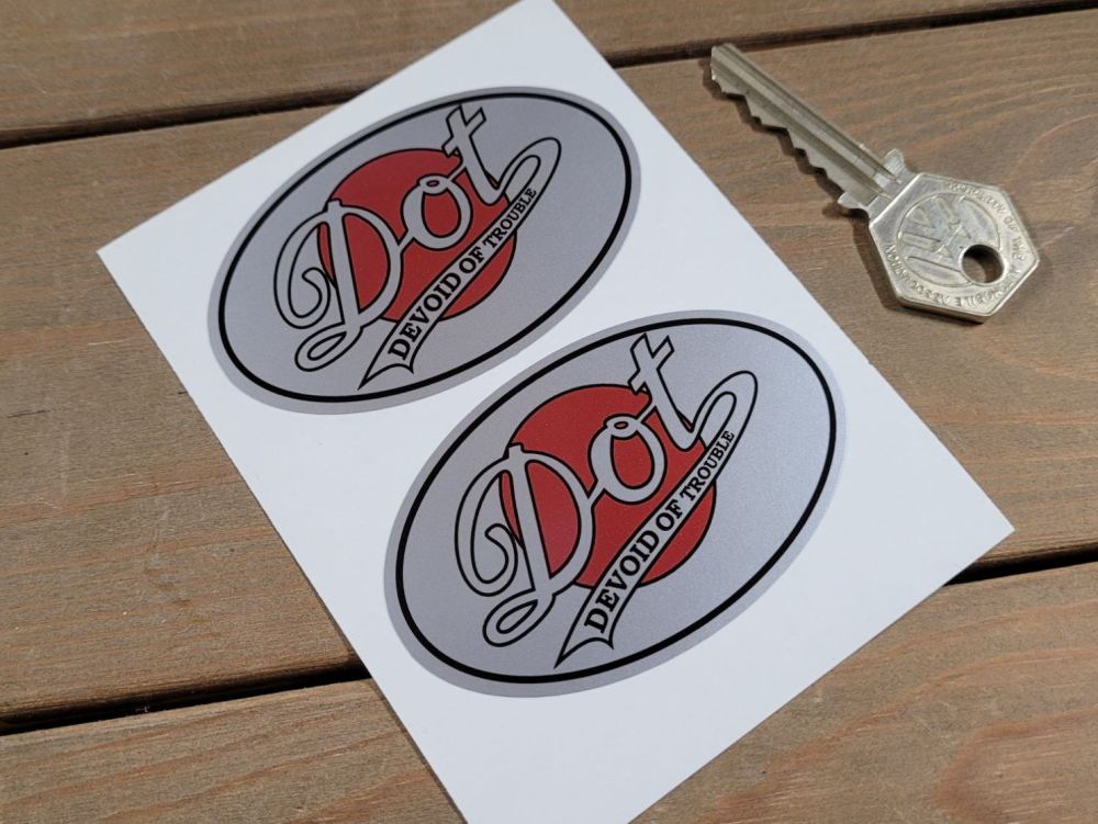 DOT 'Devoid Of Trouble' Silver & Red Oval Stickers - 3" Pair