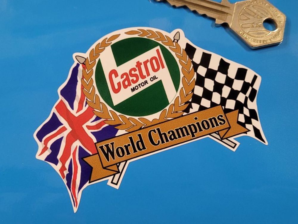 Castrol World Champions Union Jack Flag & Scroll Sticker - 4"