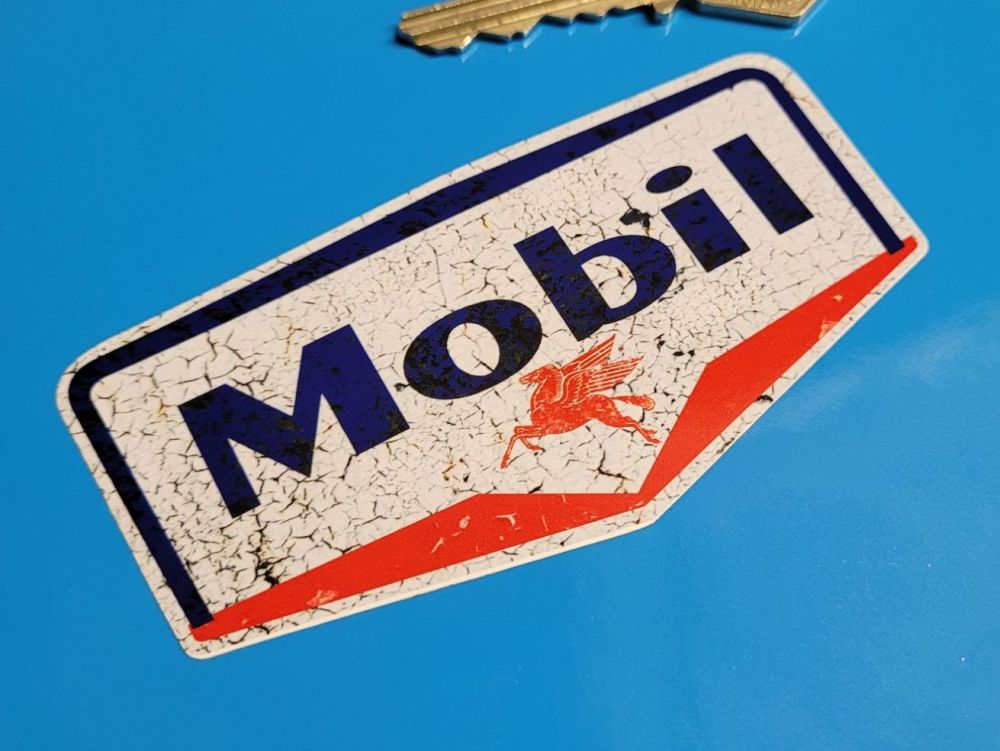 Mobil Gas Station Distressed Cracked Paint Blue Style Stickers - 4", 6", or 8" Pair