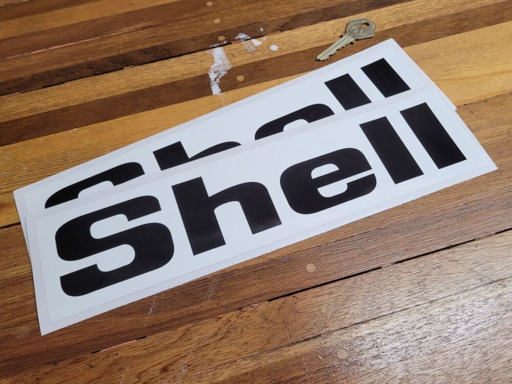 Shell Black & White Angular Text Thin Style Stickers - 12" Pair
