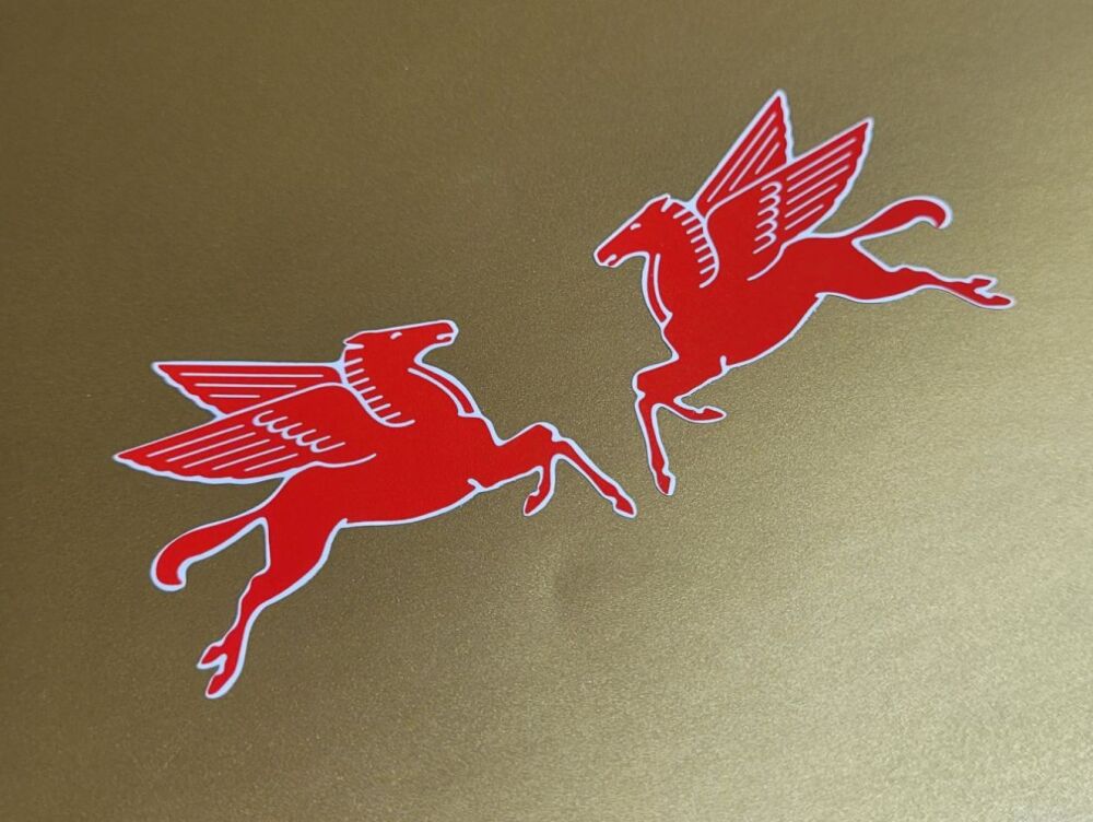 Mobil Later Pegasus Shaped Red & White Stickers - 2", 3", 4", 6" or 8" Pair