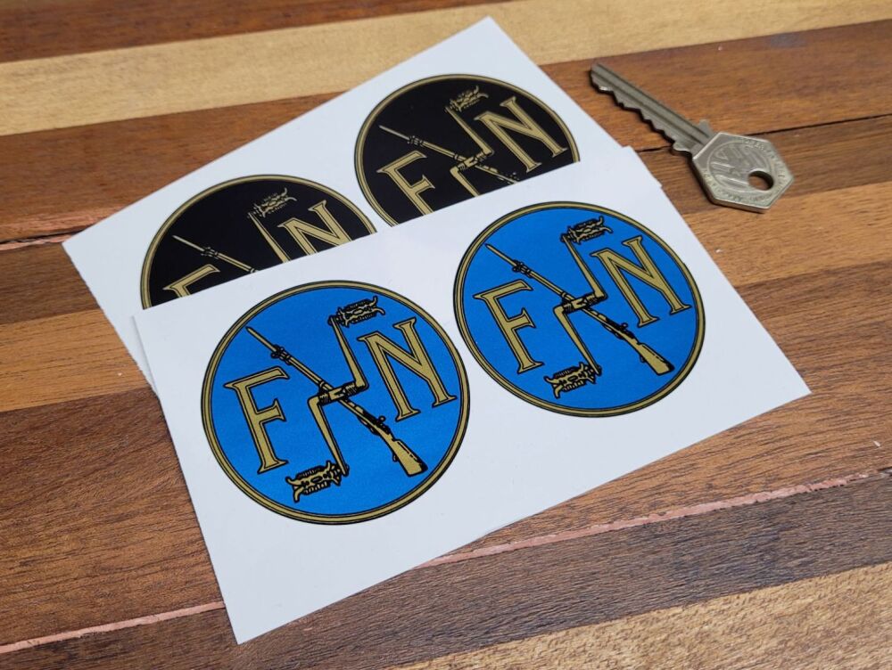 FN Gold & Black/Blue Stickers. 60mm Pair.