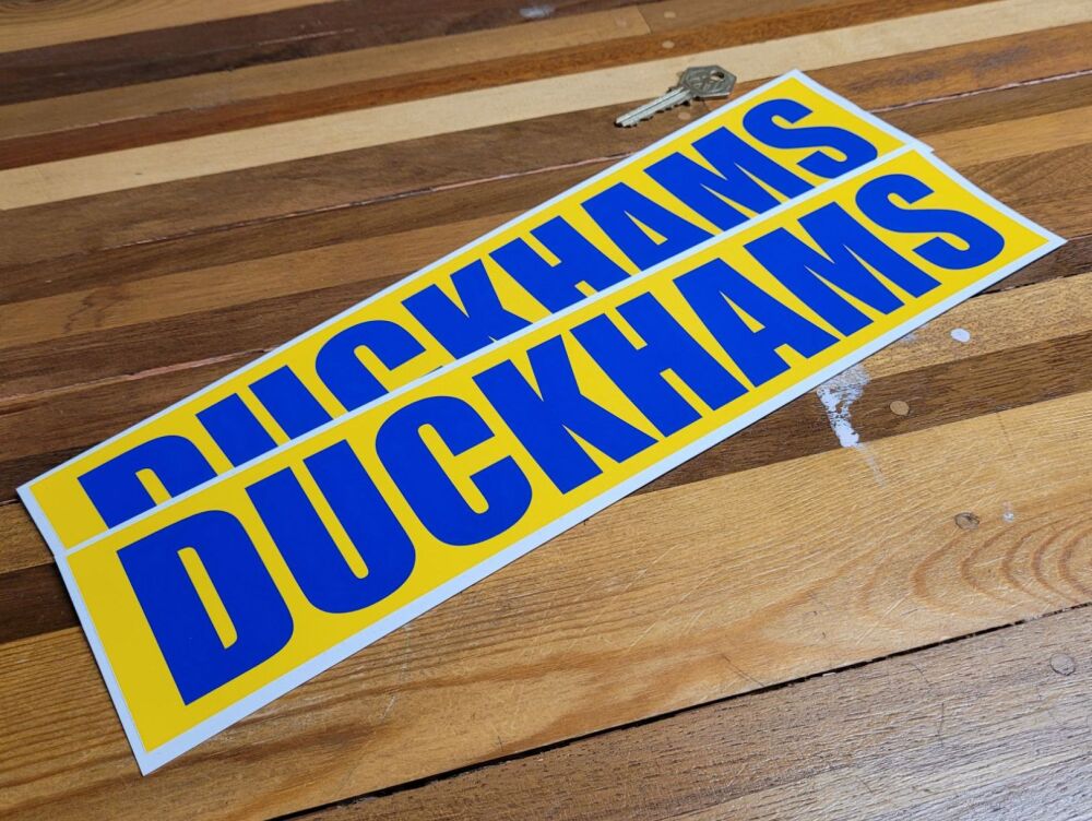 Duckhams Oil Classic Style Text Blue on Yellow Oblong Stickers - 14" Pair