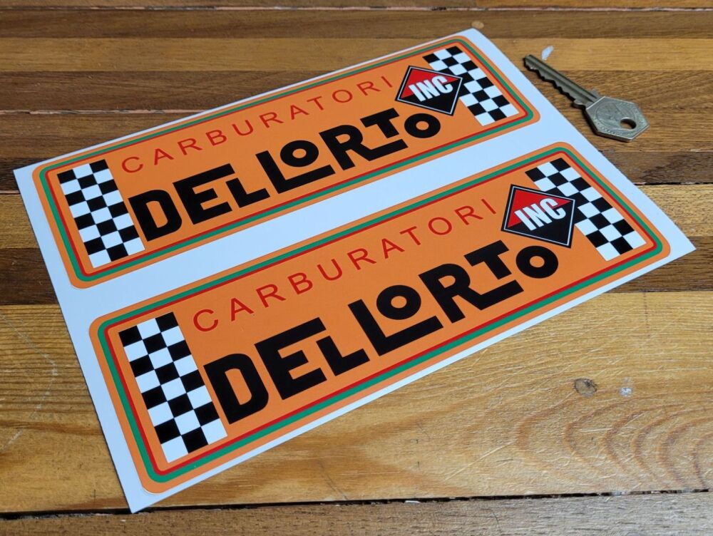 Dellorto Carburatori Inc Orange with Green Line Oblong Stickers - 8" Pair