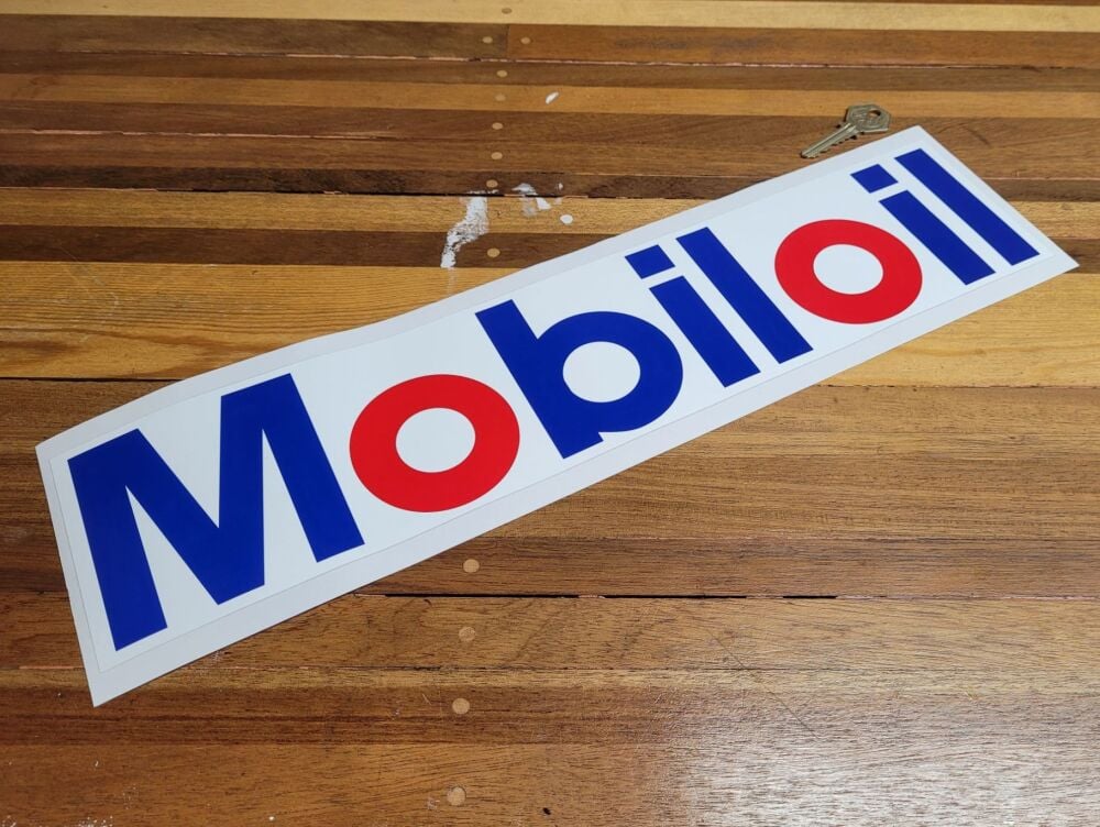 Mobil Mobiloil Blue, Red, & White Oblong Sticker - 2 Red O's - 17.5"