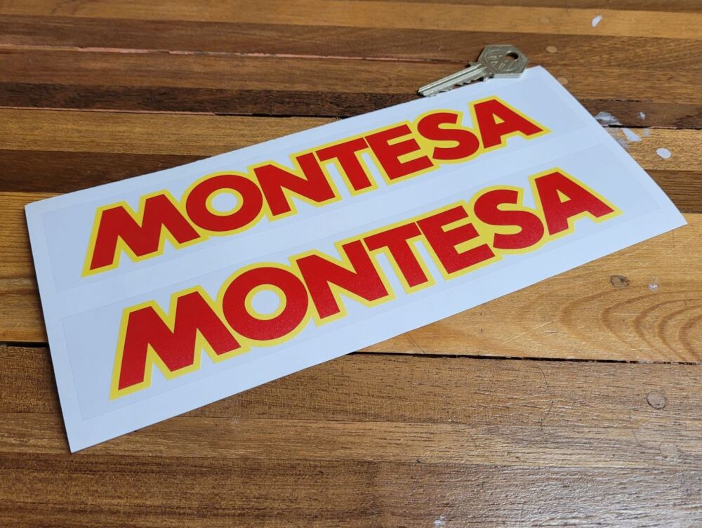 Montesa Red & Yellow Text on Clear Oblong Stickers - 9.5" Pair