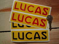 Lucas Yellow & Black/Red Oblong Stickers. 6" or 8" Pair.