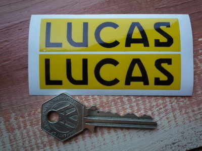 Lucas Motorcycle Battery Sticker. Yellow & Black Pair. No.3.
