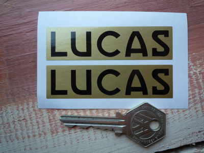 Lucas Motorcycle Battery Sticker. Gold & Black Pair. No.10.