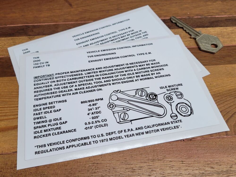 TVR Vixen 2500 Emission Control Information Sticker - 1972 or 1973 - 5.75"