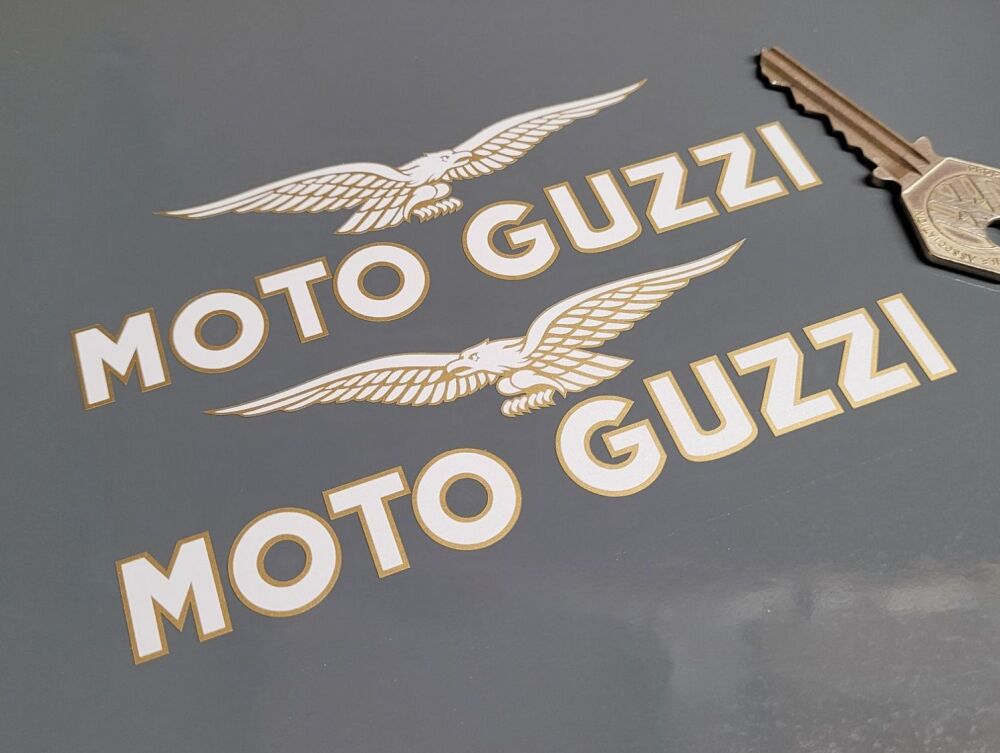 Moto Guzzi 21st Century Text & Soaring Eagle Stickers - White & Gold - 5.25" Pair