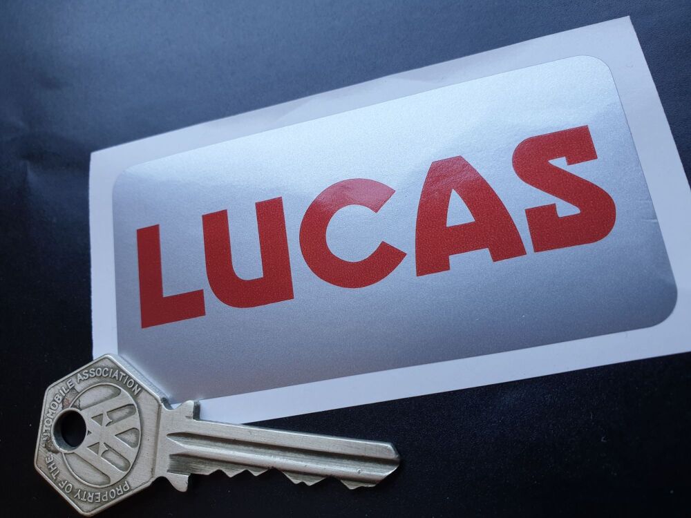 Lucas Car or Motorcycle Battery Sticker. Red & Silver. No.28A