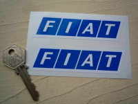 Fiat Block Logo. White on Blue. Slanted Oblong Stickers. 4", 6", or 12" Pair.