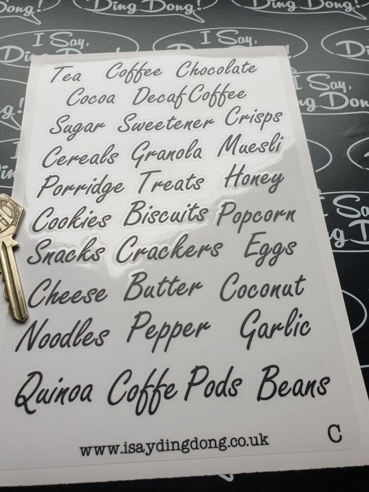 Kitchen Container, Drawers etc.  Labels.  GENERAL BEVERAGES SNACKS ETC, Black & Clear or Black & White  A5 set C.