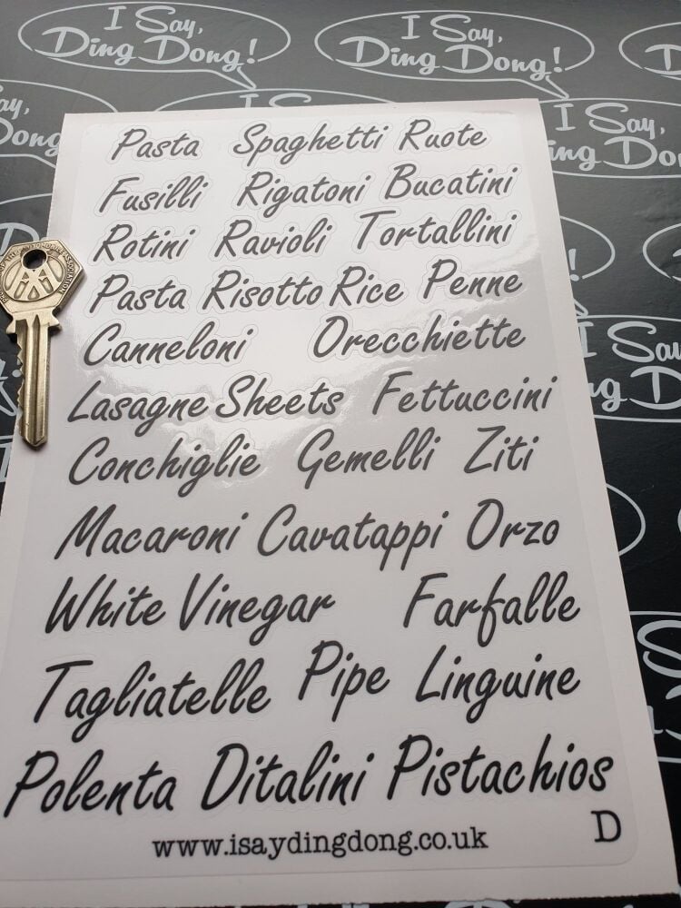 Kitchen Container, Drawers etc.  Labels.  ITALIAN COOKING, PASTA ETC, Black & Clear or Black & White  A5 set D.