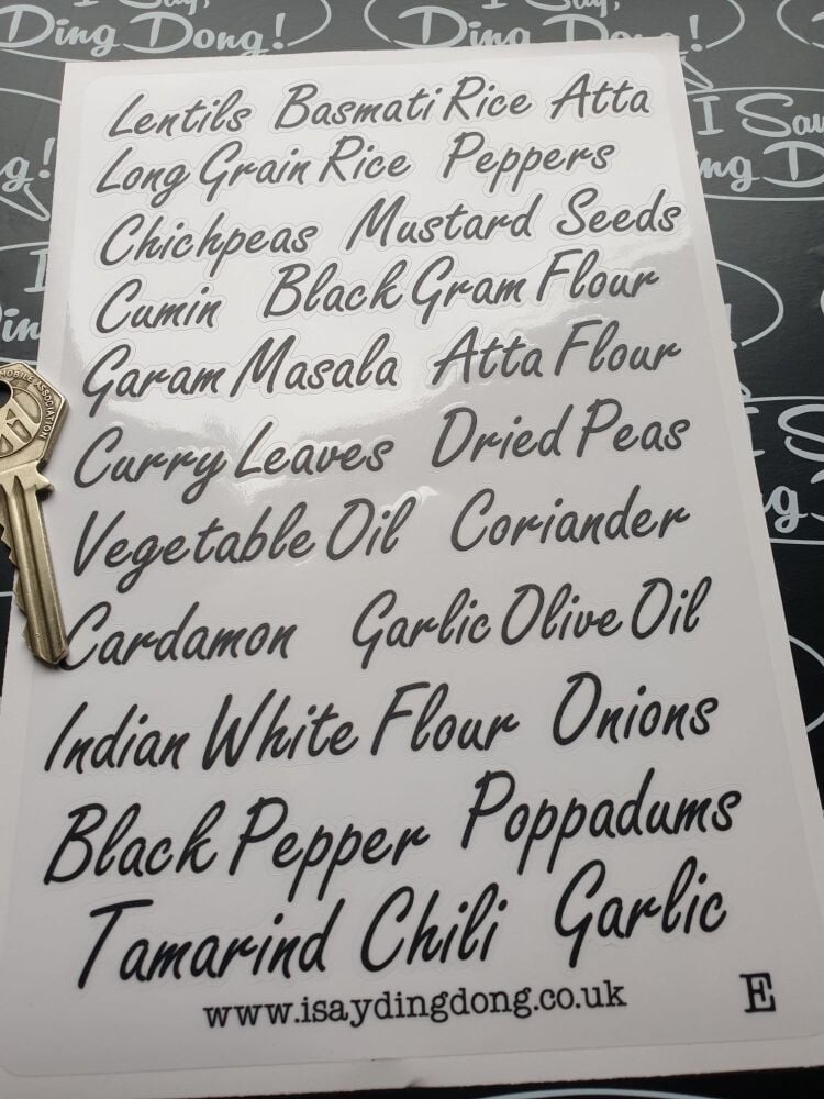 Kitchen Container, Drawers etc.  Labels.  INDIAN COOKING INGREDIENTS ETC, Black & Clear or Black & White  A5 set D.