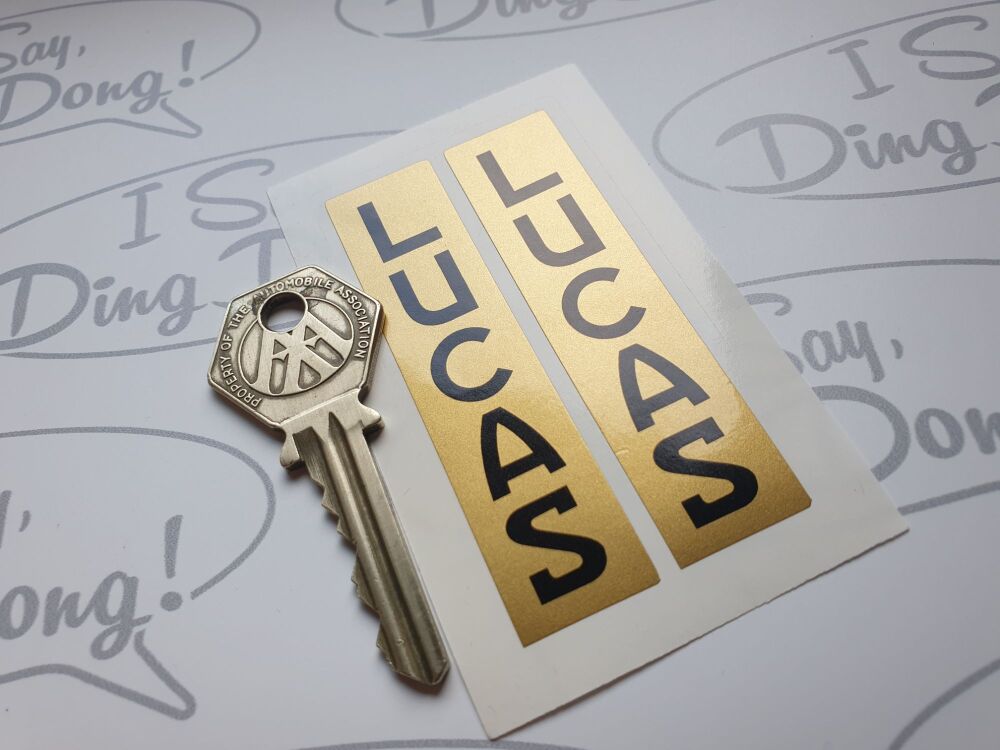 Lucas Motorcycle Battery Sticker. Vertical text Gold & Black 75mm pair.