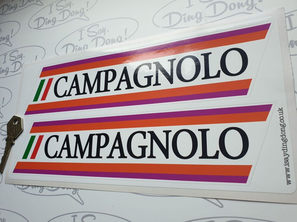 Campagnolo Orange & Purple Striped on clear vinyl Stickers - 10"  Pair