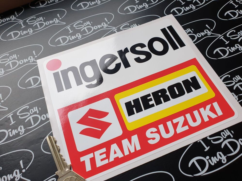 Ingersoll Heron Team Suzuki Sponsorship Sticker. Barry Sheene Parrish, Mamola Suzuki etc. 160 x 140mm