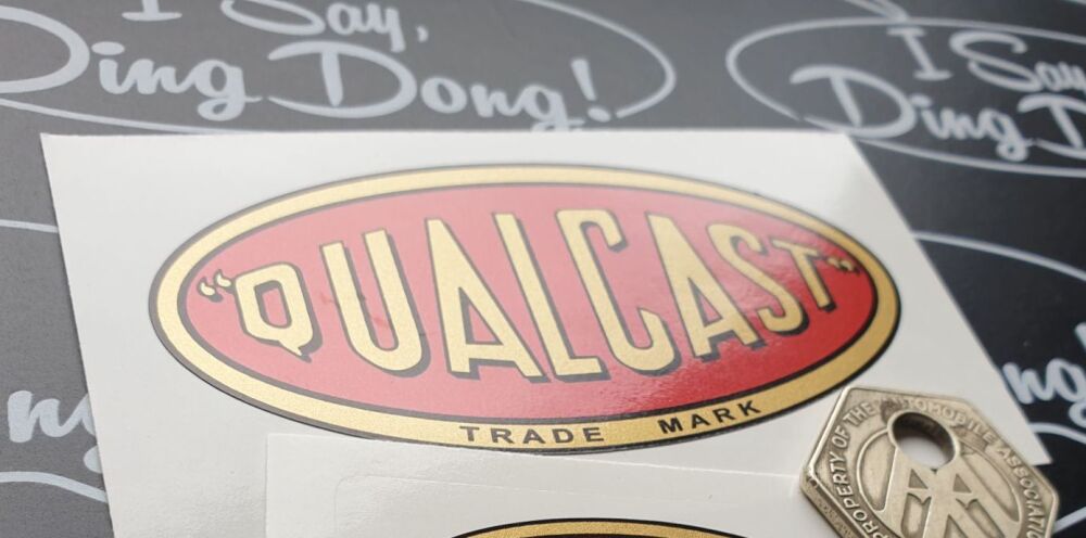 Qualcast Classic, Vintage style Oval Red, Black and Gold Sticker. 3".