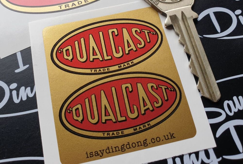 Qualcast Classic, Vintage style Oval Red, Black and Gold Sticker. 45mm pair .