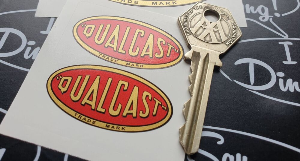 Qualcast Classic, Vintage style Oval Red, Black and Gold Sticker. 2" pair